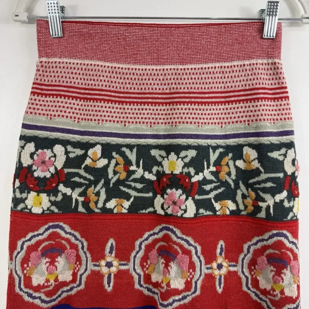 Anthropologie Moth Chava Embroidered Folk Bird Floral Knit Skirt Small Bohemian